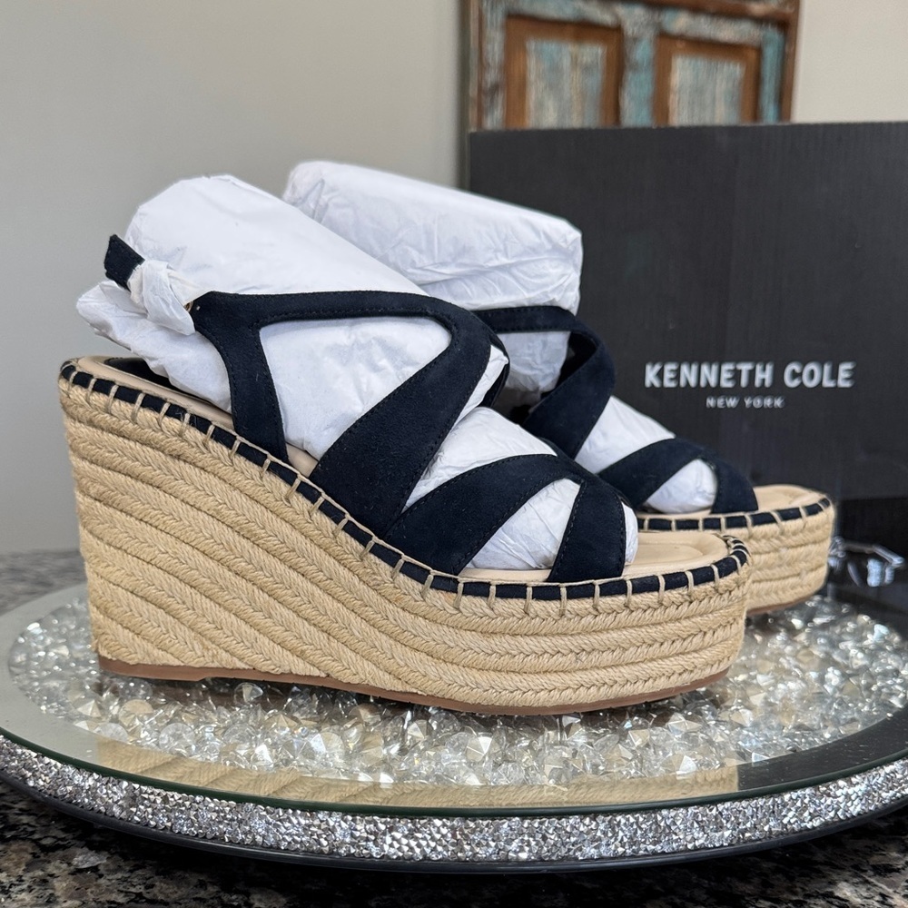 Kenneth Cole New York Navy Suede Espadrille Wedge Sandals NEW 7